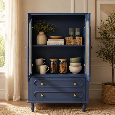Navy blue 46.4-inch striped glass door display cabinet with drawers and adjustable shelves; wooden standing sideboard for living room and dining room.