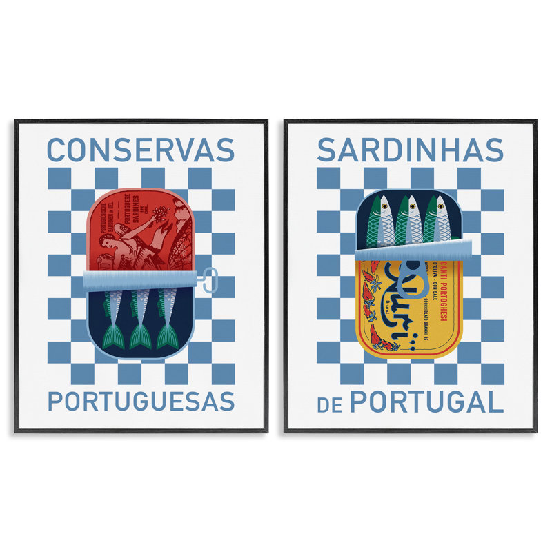 Ensemble de 2 estampes portugaises sardines portugaises encadrées par Victoria Barnes, Giclée encadrée noir minuit
