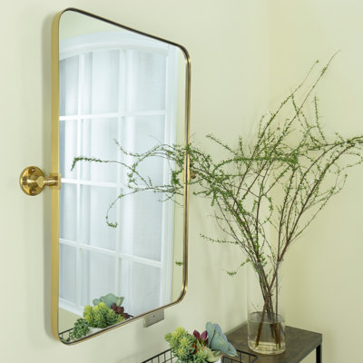 Aura Rounded 30" H x 20" W Small Rectangular Pivoting Metal Framed Wall Mounted Bathroom Vanity Mirror in Brushed Gold