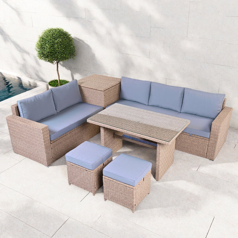 6-piece All Weather Pe Rattan Sofa Set With Adjustable Seat, Storage Box, Removable Covers And Tempered Glass Top Table