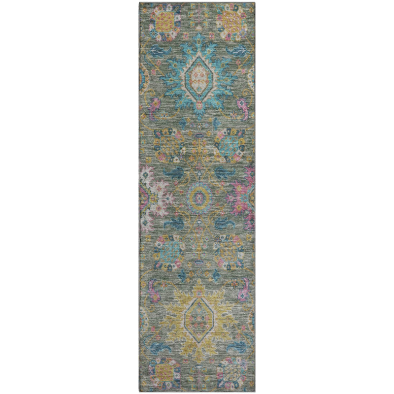 Premium Machine Washable Mayfield AMF2151 medallions Rug, Runner 2'3" x 7'6", Aloe