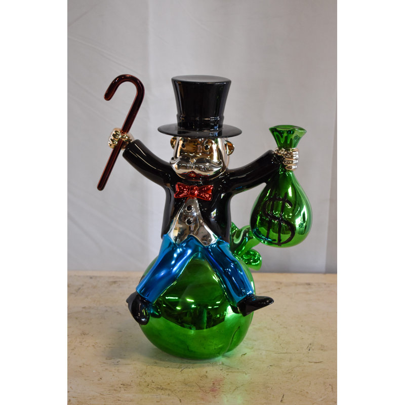 Statue monopole joyeux abstrait et géométrique Altaf assis sur un sac d'argent 12 po x 10 po x H 16 po