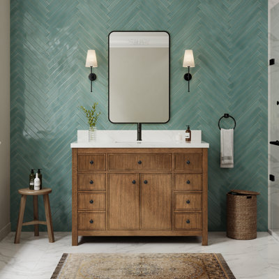 Rian 48 Inch Single Bathroom Vanity in Toasted Walnut, Giotto Quartz Countertop, Undermount Square Sink (1-Hole), Matte Black Trim