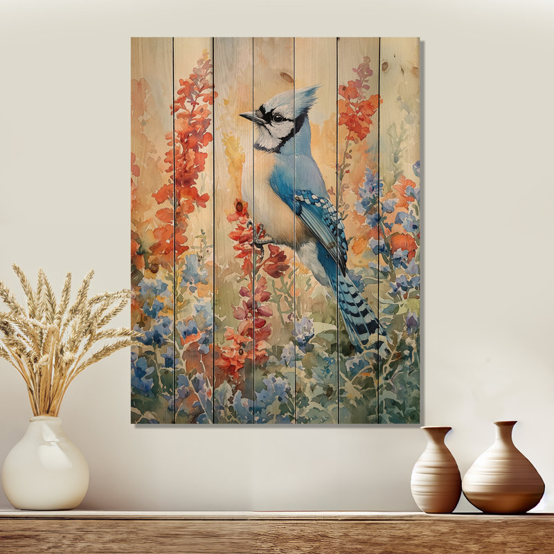 Blue Jay In The Summer Garden I - Bird Wood Wall Decor - On Natural Pine Wood, 44" H x 34" W x 0.78" D