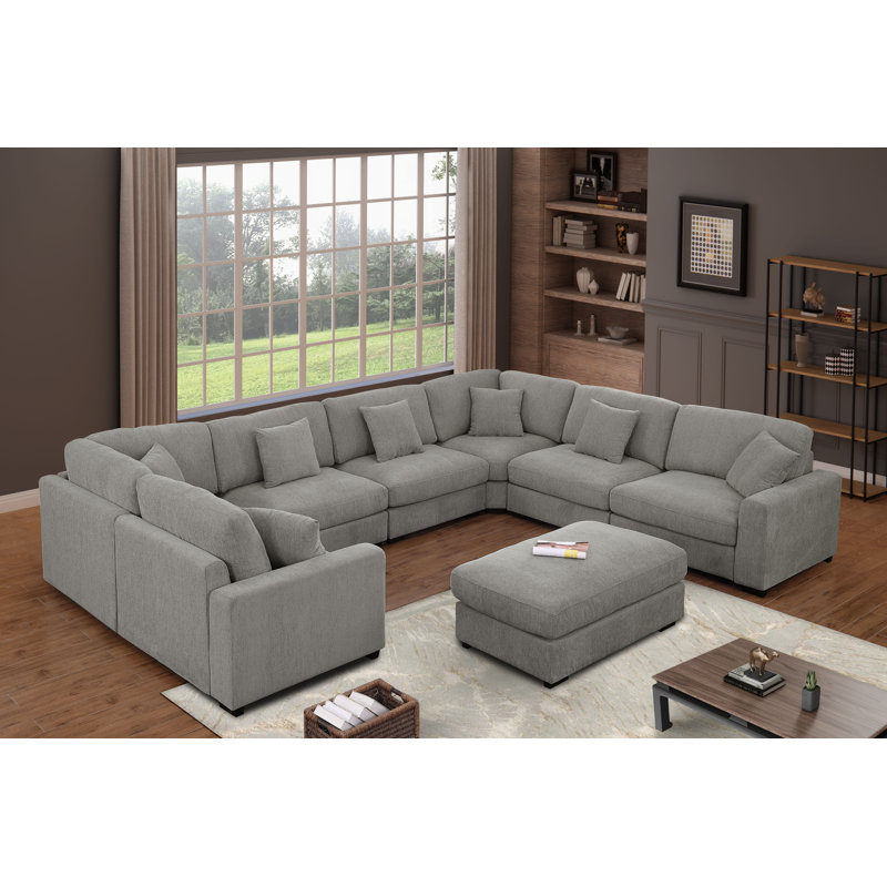 Chenille Modular 8 Seats Large Corner Sectional, Wide&Deep Cloud Seat, Khailey Gray Polyester