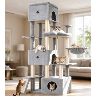 200cm Tall XXL Multi-Level Cat Tree Tower for Indoor Cats, 3 Large Caves, 7 Sisal Scratching Posts, Scratching Board, Basket & Pom-Pom Toys, Sisal Rope, Dark Grey
