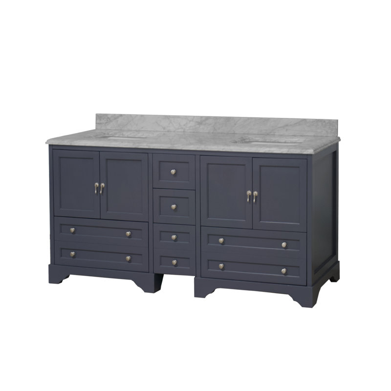 Meuble-lavabo double 72 po avec comptoir en marbre de Carrare gris Ariel, Gris marine