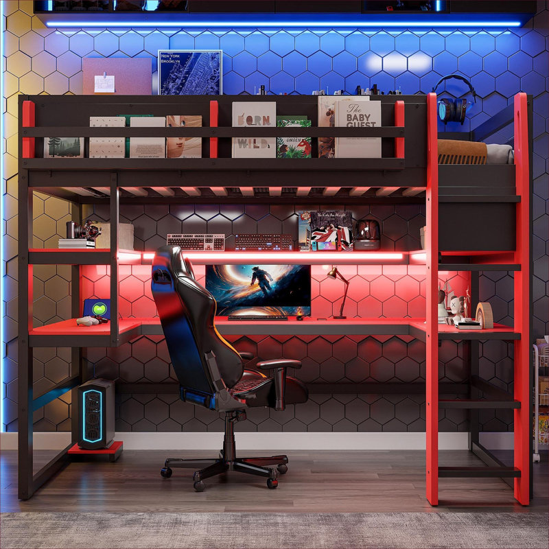 Structure de lit mezzanine en bois MDF riche en bois rouge conçue pour les espaces de jeu fonctionnels avec rangement intégré et éclairage RVB