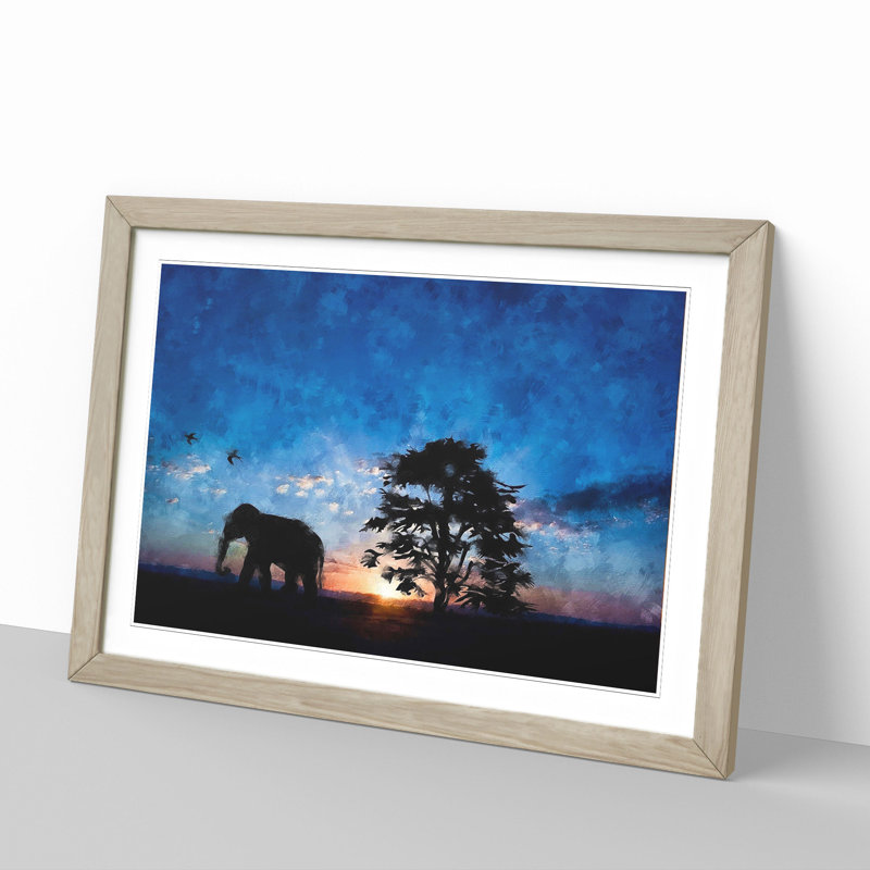 Elephant at Sunset - Framed Print, 27cm H x 36cm W x 2cm D, Oak Framed