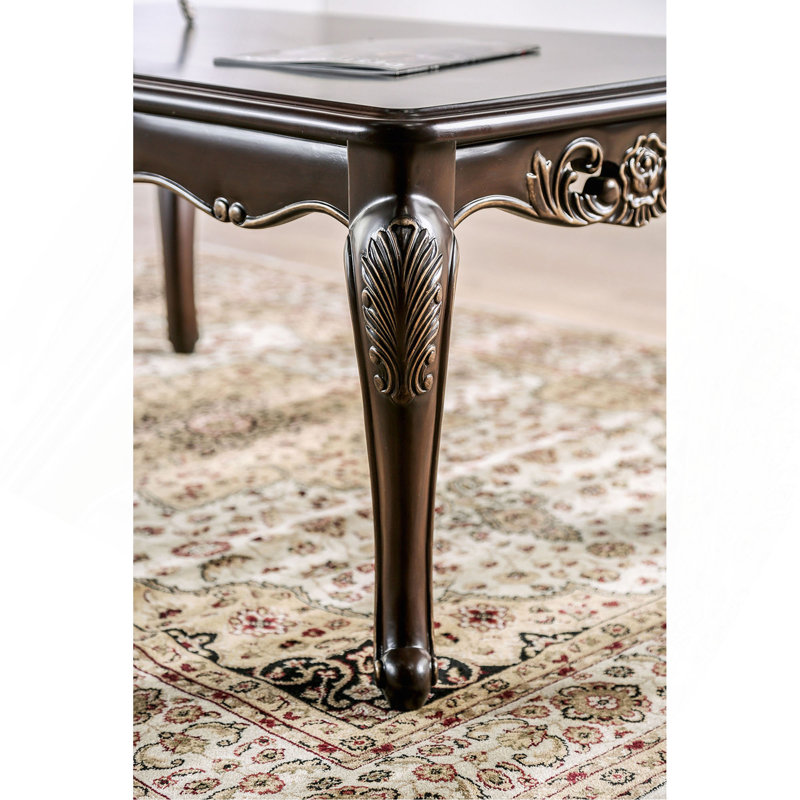 Coffee Table Traditional Style With Curved Legs Carved Design Solid Wood Structure Java Finish
