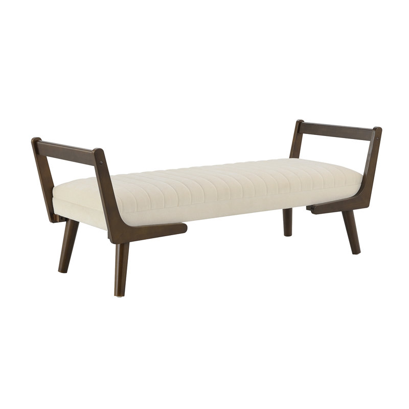 52" Mid Century Bench With Walnut Wood Leg,Channeled Upholstered Footrest Stool For Kitchen, Living Room, Bedroom, Entryway, End Of Bed. Chenille Fabric Beige