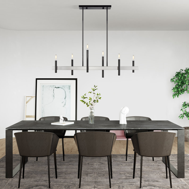 Lustre linéaire très grand en laiton satiné 8 lumières avec accents bronze, Noir, 6