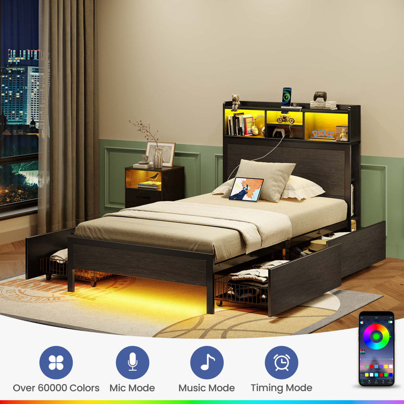 Bed Frame with Bookcase Headboard and 4 Storage Drawers, Metal Platform Bed with RGB LED Lights, Twin/Single