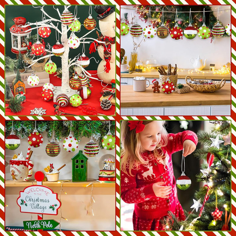 18 pièces de boules de Noël de 2 pouces décoratives - thème Elf, paillettes et paillettes incassables pour décoration de sapin de Noël, vert lime, rouge et blanc