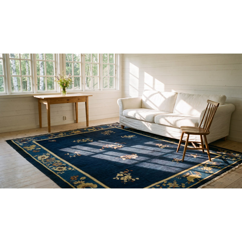 Antique Navy Blue Allover Floral Chinese Square Room Size Peking Rug