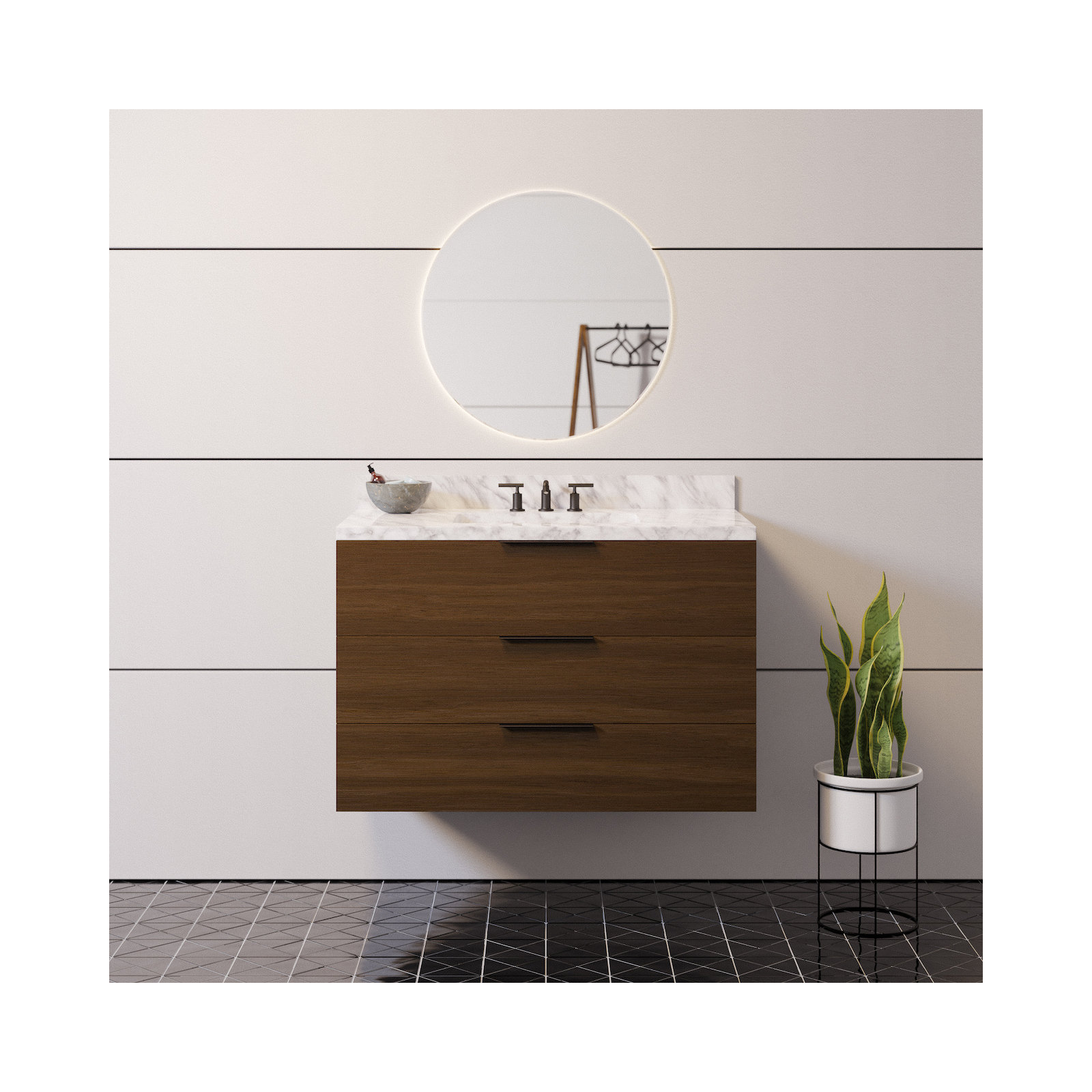 Mitchell 36'' Single Bathroom Vanity, Walnut, Carrara Marble