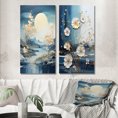 White And Blue Flower Liquid Ink IV - Landscape Modern Canvas Wall Art Set Of 2