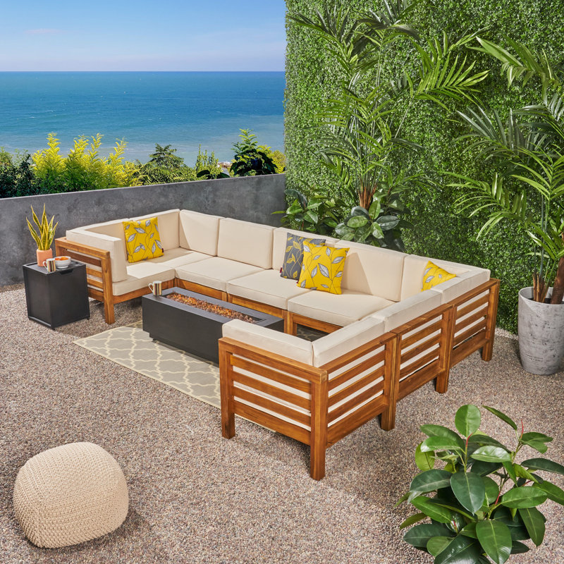 8 - Person Modular Patio Conversation Set with Cushions, Teak Frame / Beige Cushion