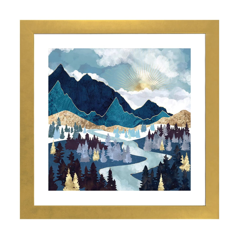 Valley Sunrise - impression d'art graphique, 24" H x 24" W x 1'' D, Blanc, Papier encadré doré