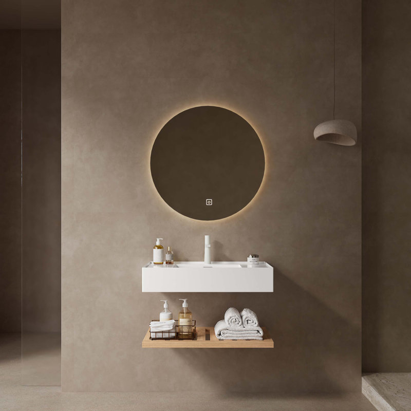 Meuble-lavabo de 30 po avec lavabo vasque, lavabo intégré mural flottant rectangulaire en acrylique blanc sans robinet, tablette rayée, bois naturel