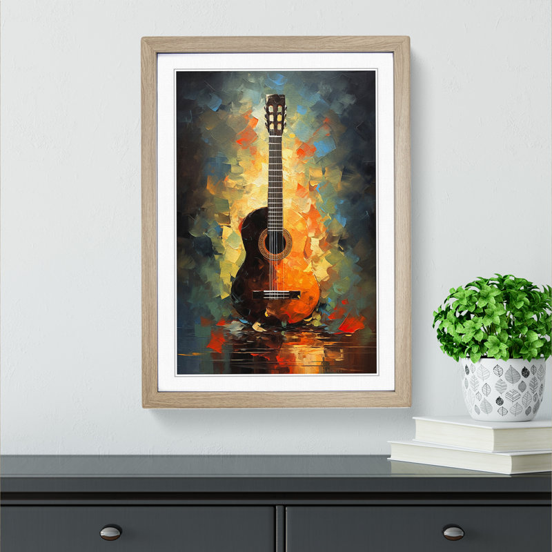Acoustic Guitar Impressionism - Single Picture Frame Print on Wood, 64cm H x 46cm W x 2cm D, Oak