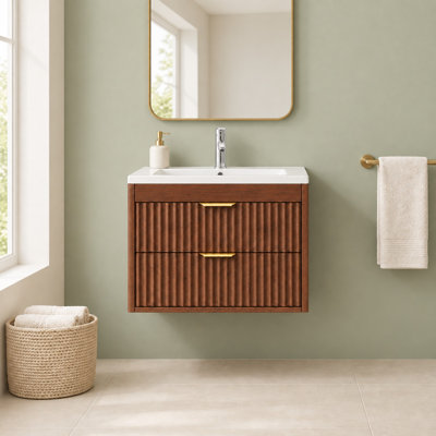 Meuble-lavabo mural 24 po avec lavabo, armoire murale avec 2 tiroirs cannelés et poignée en métal, armoire murale pour salle de bain, brun