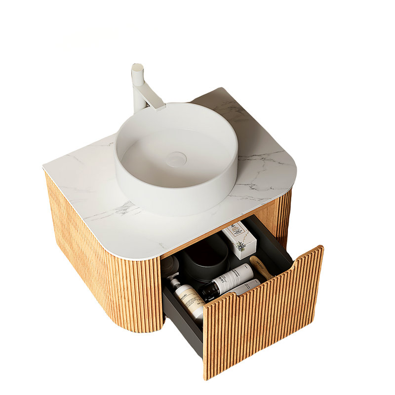 Meuble-lavabo de salle de bain 24 po avec lavabo, meuble de rangement mural à bordures courbées et flottantes avec tiroir, lavabo rond en céramique blanc sans robinet, pré-assemblé, couleur grain de bois Natura