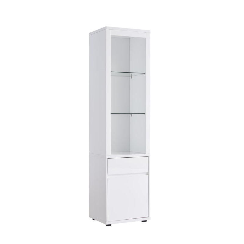White Display Cabinet With Three Glass Shelves, One Shelves Bottom And A Drawer Metal Glides Modern Style Two Max 10lb Shelf Weight Capacity
