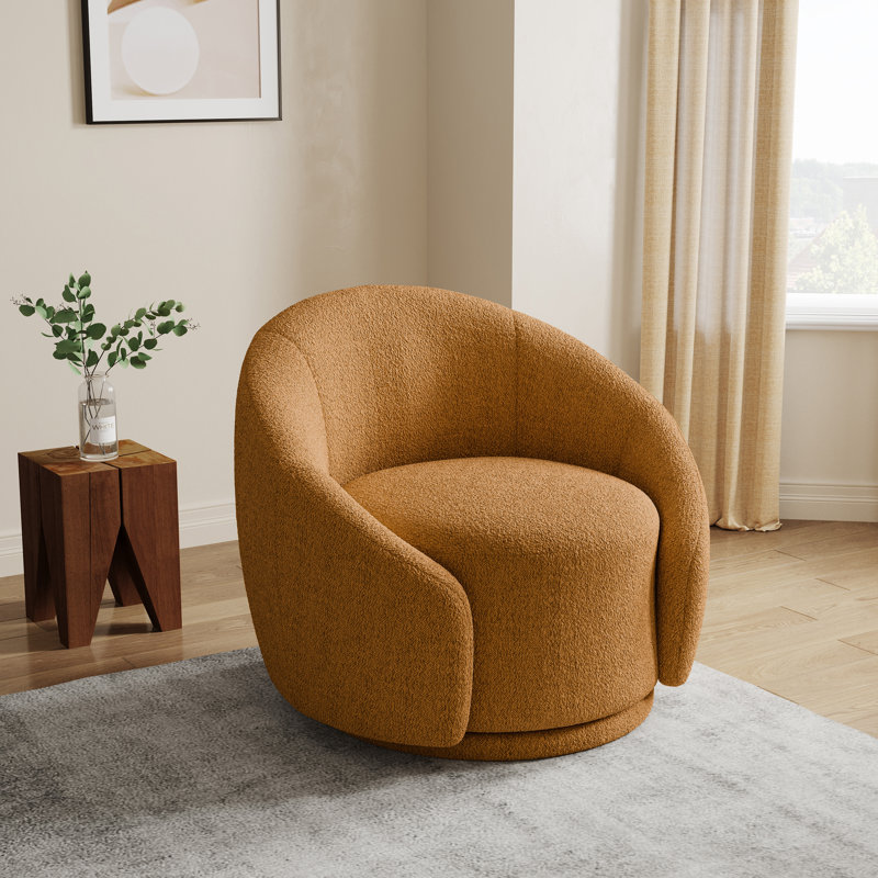 Fauteuil demi-tonneau pivotant rembourré Aunna, Teddy rouillé orange