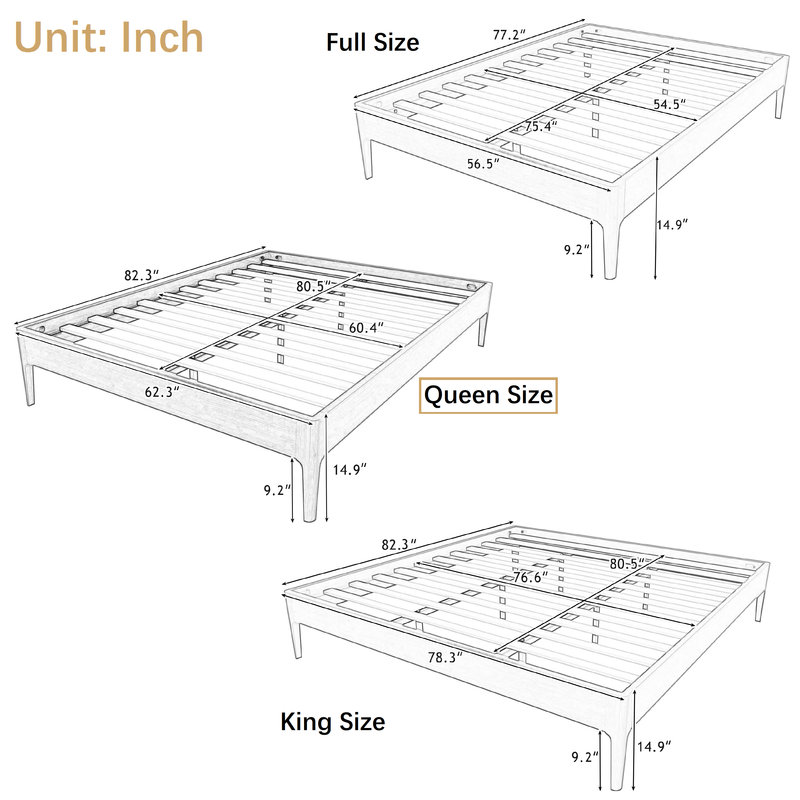 Retro Style Bed Frame, Platform Bed with Central Support Legs, Natural, Queen