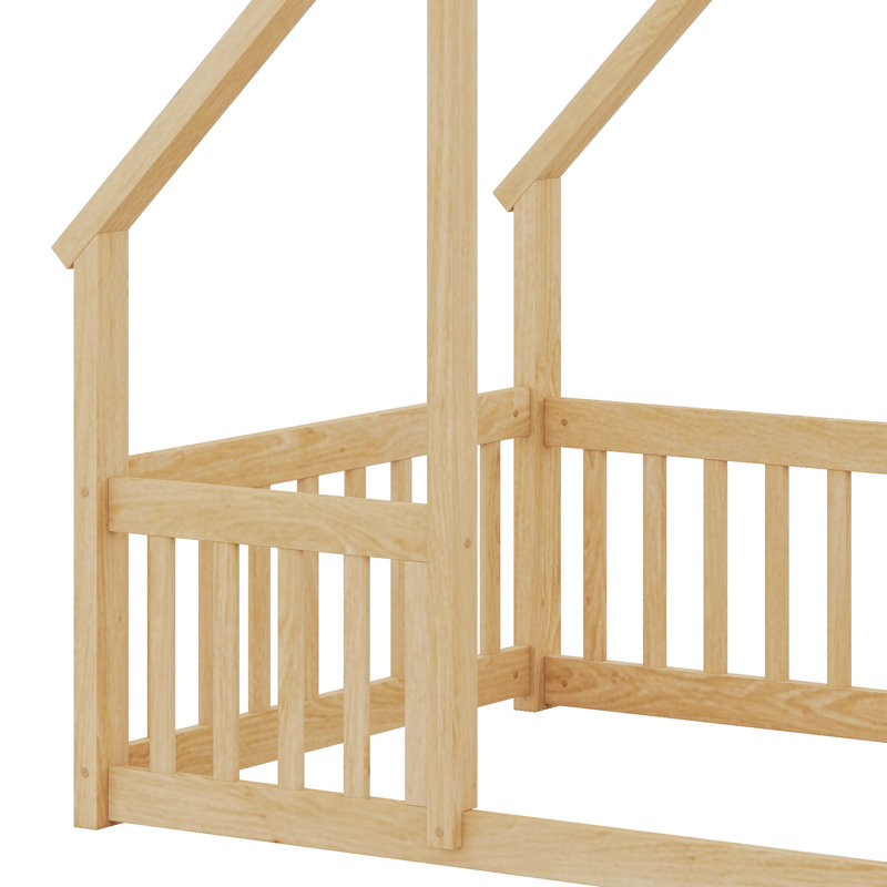 Wooden House Shaped Floor Bed With Fence And Guardrails, Natural