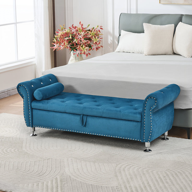 Banc de rangement rembourré avec 1 coussin, Bleu