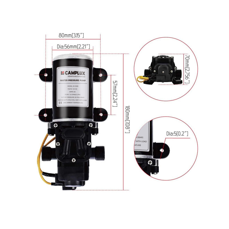 Camplux 12V Black Diaphragm Water Pump 65PSI 1.6GPM