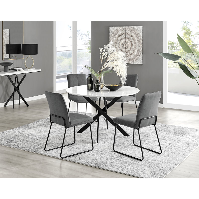 Tierra Black Metal and White Gloss Round Dining Table Set with 4 Luxury Fabric Dining Chairs, Dark Gray/Black