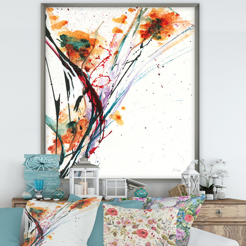 " Abstract Handpainted Orange Flowers ", Silver Framed, 20" H x 12" W x 1" D
