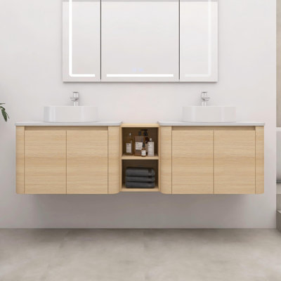 Meuble-lavabo mural double 72 po avec éviers d'art en céramique et 1 tablette de rangement, chêne blanc américain