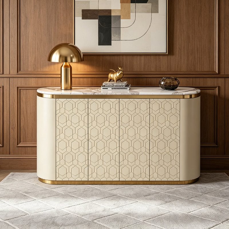Italian-style modern elliptical sideboard, 35.43" H x 55.12" W x 15.75" D, Beige