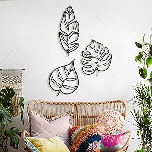 Feuilles d'art mural en métal - noir mat, bureau à domicile et décoration de salon, ensemble de 3