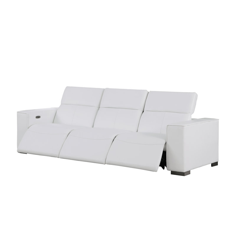 Luxurious Genuine Leather Power Reclining Sofa With Three Recliners And Power Headrests, White