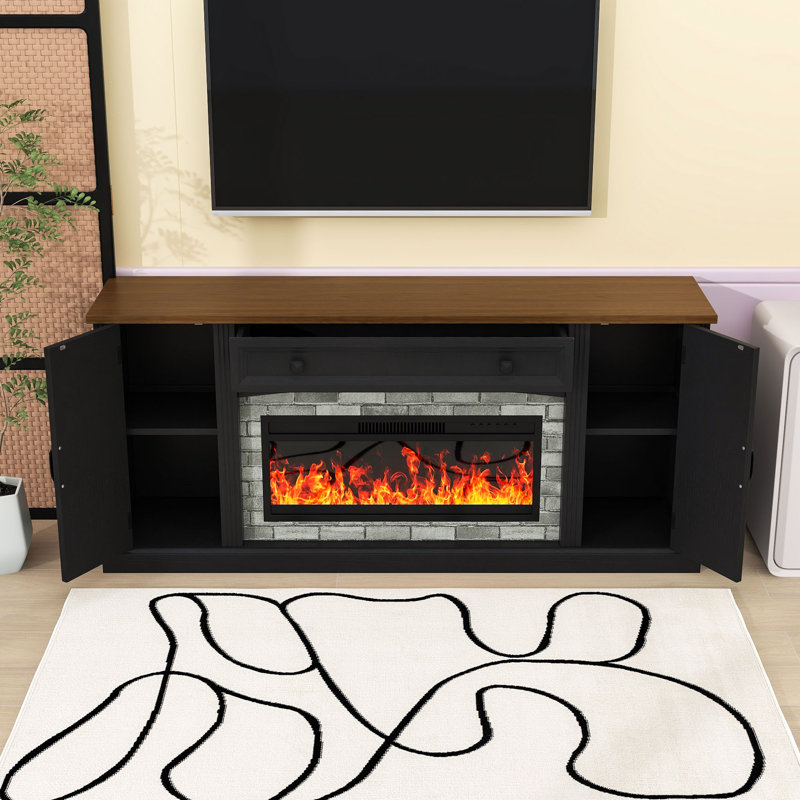 Meuble télé avec foyer électrique, chauffe-flammes multicolore, tablettes réglables et tiroir, Noir, Oui