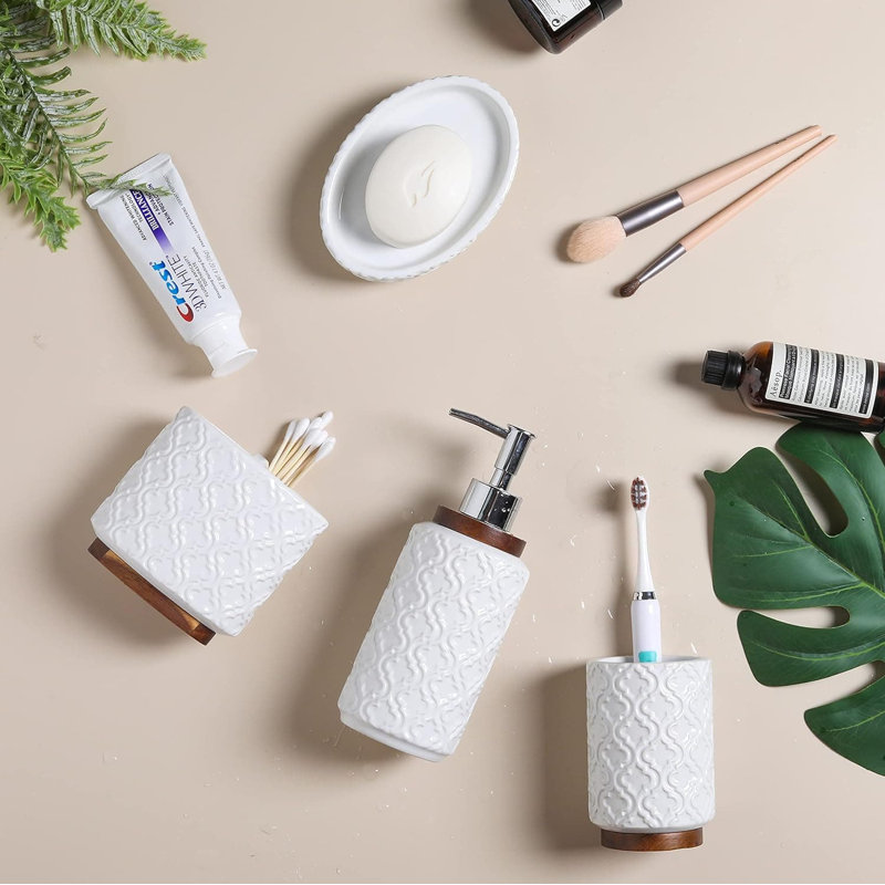 Embossed Ceramic Dark Brown Burnt Wood Bathroom Set (Moroccan Trellis): Soap Dispenser, White Countertop Accessories