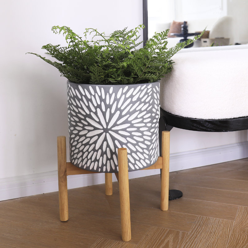 Elayna Ceramic Planter with Wood Stand, 15.6" H x 10" W x 10" D, Gray