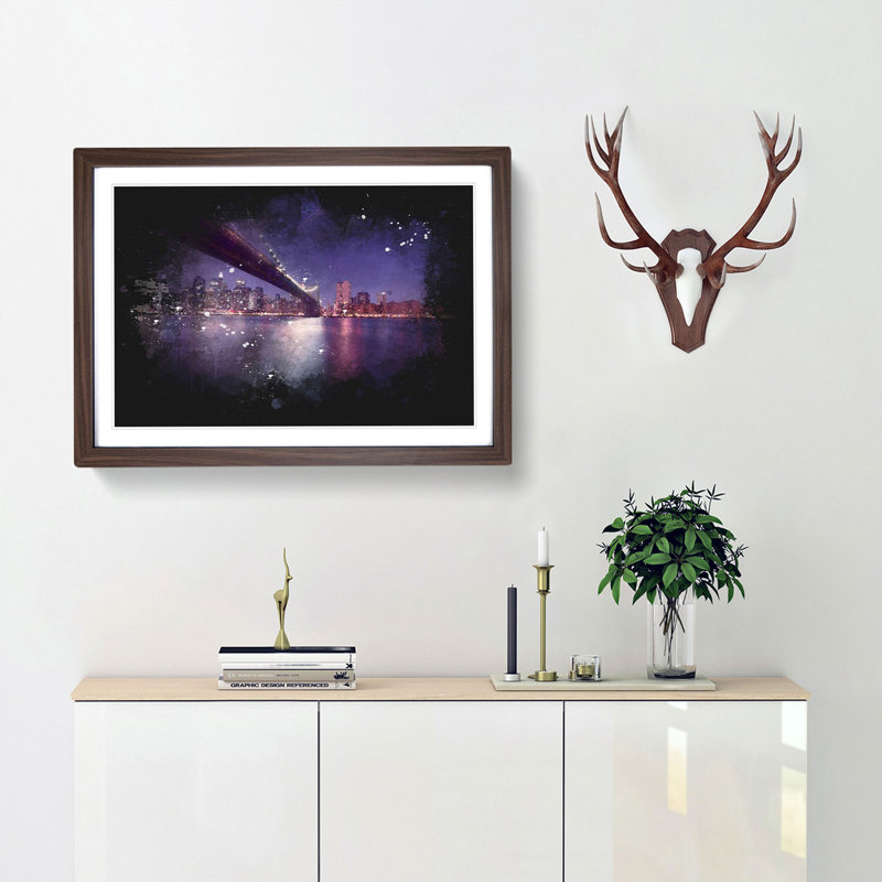 Brooklyn Bridge in New York City - Picture Frame Painting Print, Walnut Framed, 24cm H x 33cm W x 2cm D