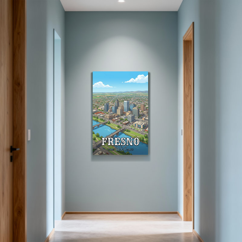 Scénario et paysages urbains Fresno, paysage urbain avec rivière et bâtiments, H 18 po x l 12 po
