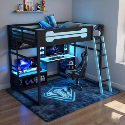 Full Size Loft Bed With Computer Desk, Storage Bookcase Shleves And Lights, Power Outlets