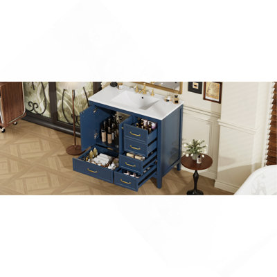 Meuble-lavabo 36 po avec lavabo, armoire de salle de bain avec porte à fermeture en douceur, 4 tiroirs de différentes tailles, structure et pied en bois massif, deux ensembles, bleu