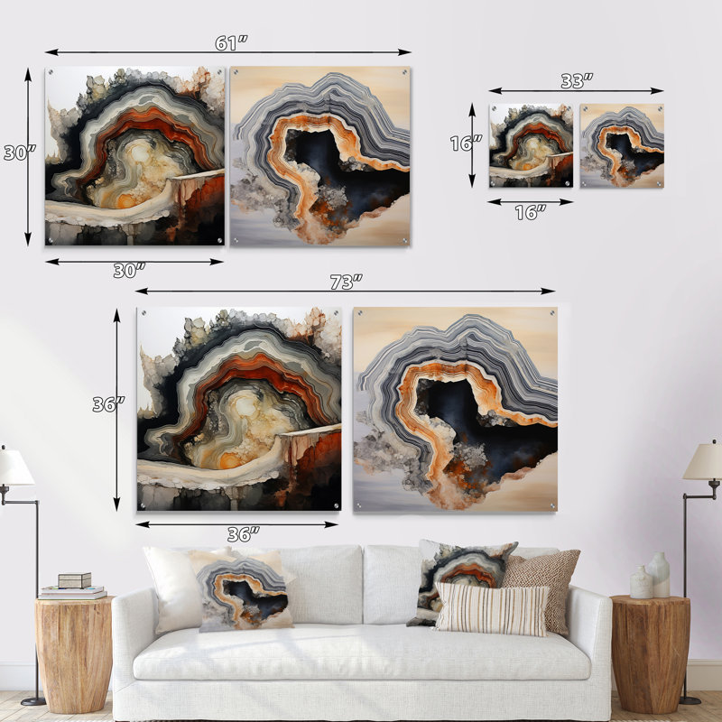 Stone Geode Scenery Minimalisme - Ensemble d'art mural en verre et acrylique sur pierre Geode, H 16 po x l 33 po