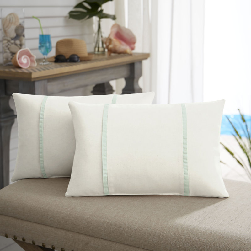 Furston Striped Outdoor Reversible Throw Pillow, White/Spa, 12" x 24"