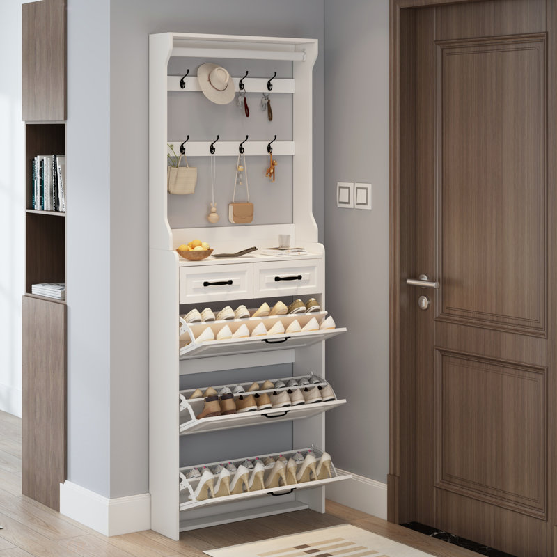 NOUVEAU Range-chaussures blanc avec 3 portes et 2 tiroirs avec support, grand espace de rangement