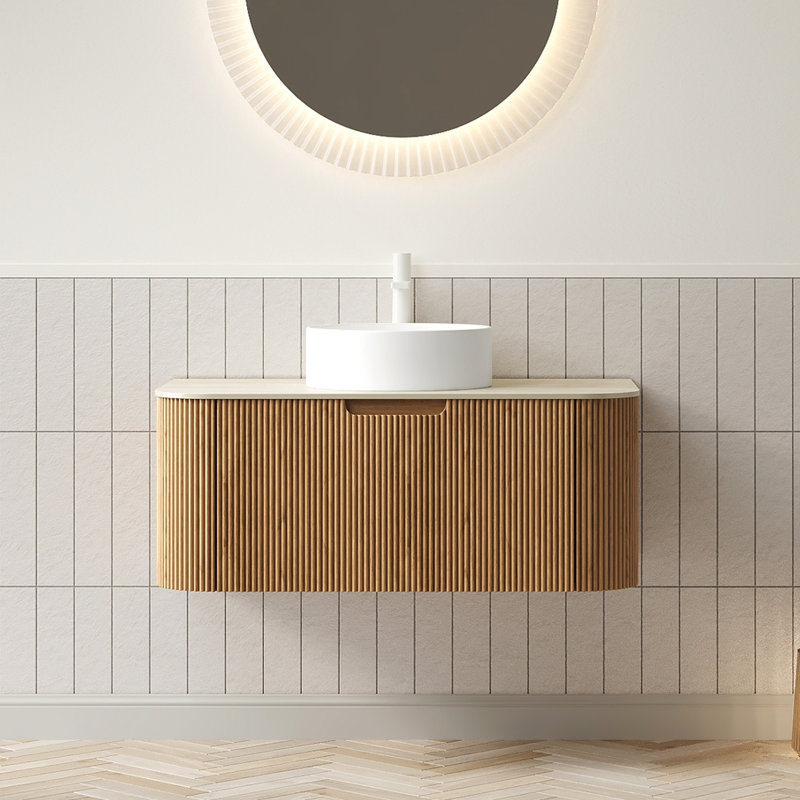 Meuble-lavabo de 91 cm (36 po) avec lavabo rond en céramique blanche, comptoir en pierre frittée à motif, armoire de rangement en contreplaqué, tiroir à fermeture amortie, système de tiroirs moderne haute résistance de couleur naturelle, préassemblé